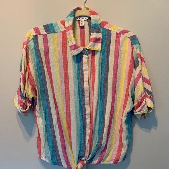 Tribal Striped Tie Front Crop Top - Picture 1 of 8